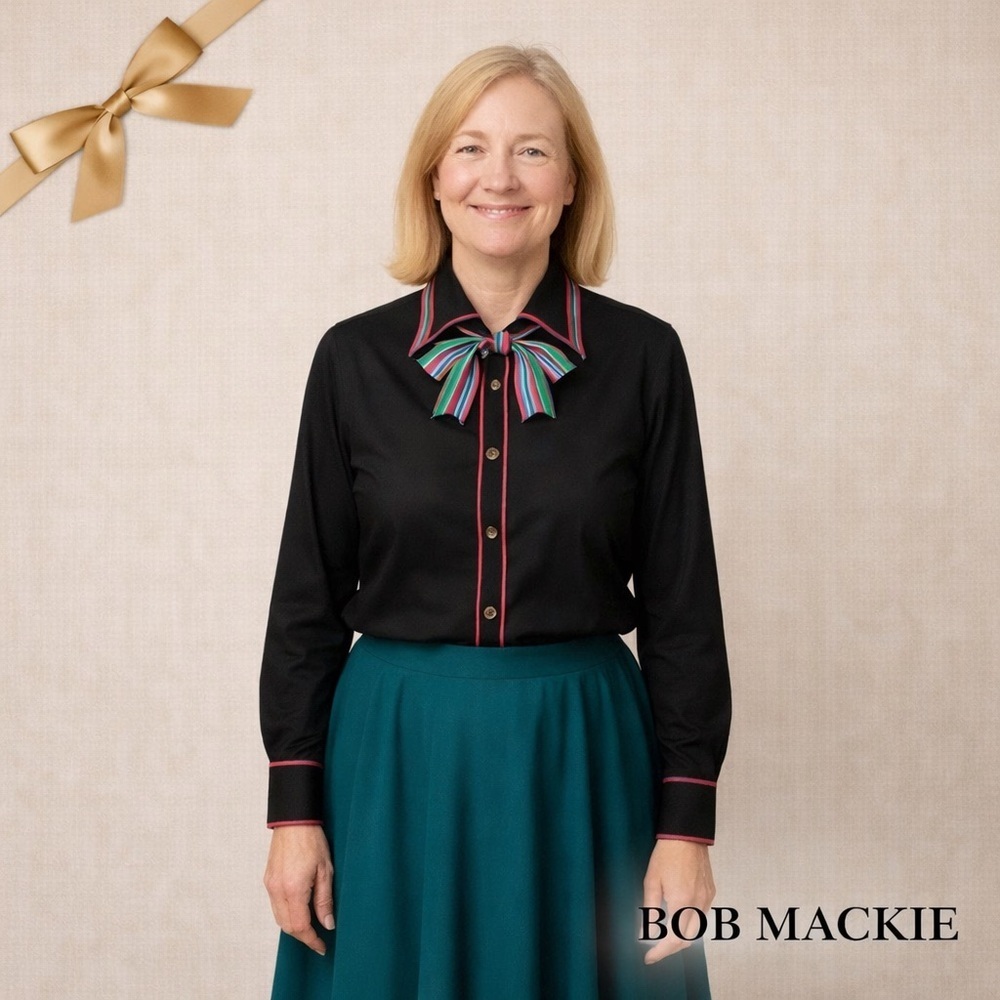 Bob Mackie Wearable Art Black Silk Blouse XL Striped Collar Bow Detail